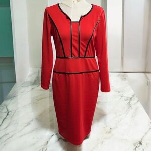 VfEmage Red Long Sleeve Dress with Black Trim